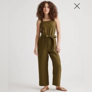 Quince 100% European linen square neck jumpsuit L olive green